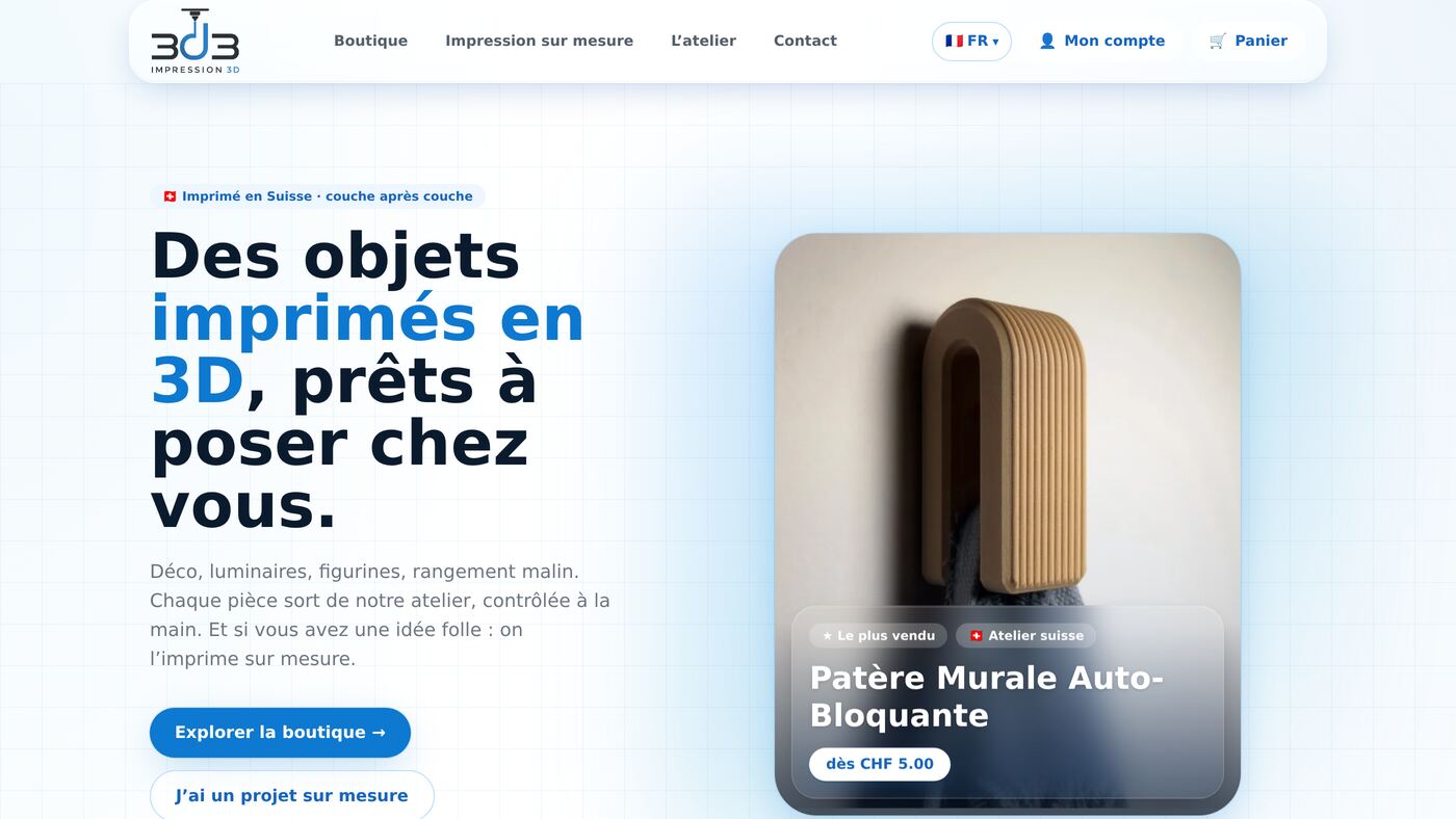 Boutique en ligne 3d3.ch, objets imprimés en 3D, conçue et développée par netVD